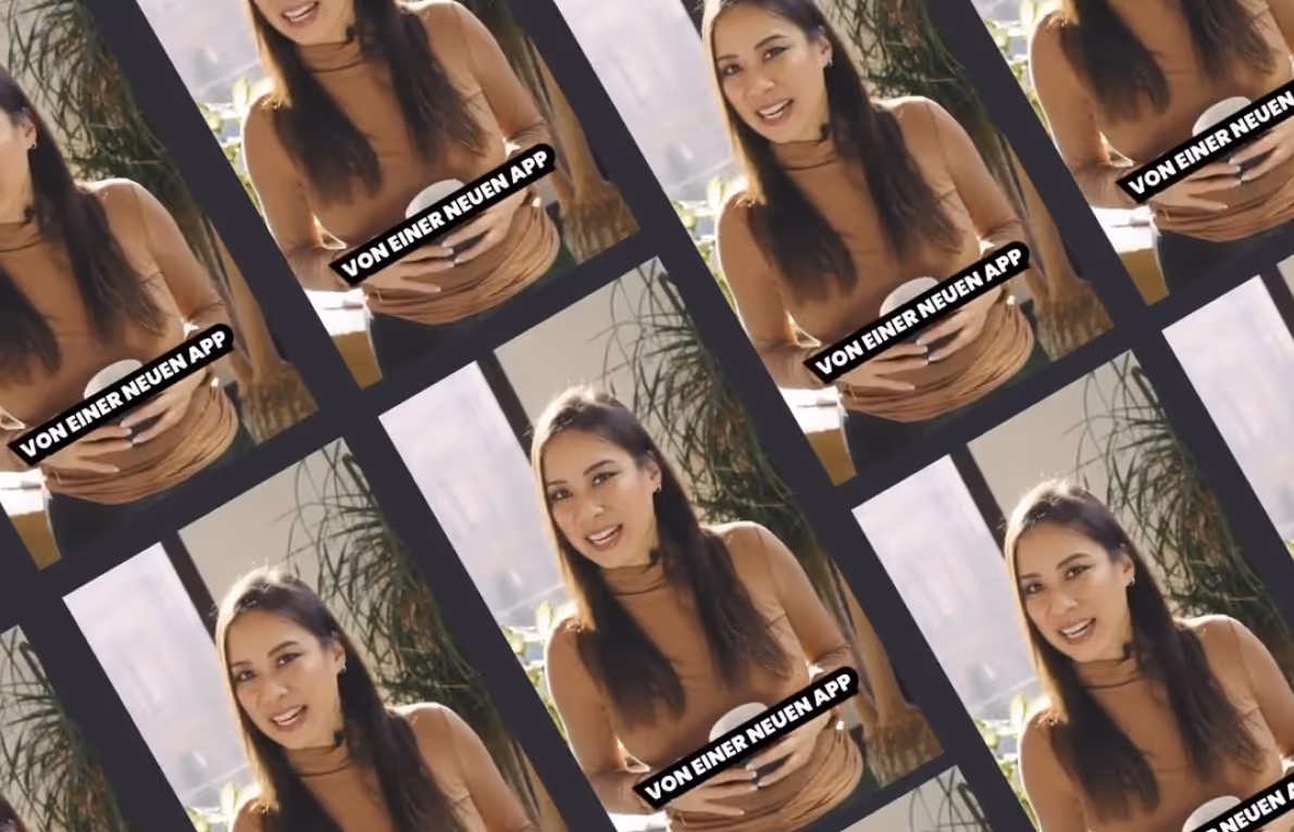 A repeated, dynamic video still of a woman smiling and speaking, with the German text "VON EINER NEUEN APP" (From a new app) overlaid.