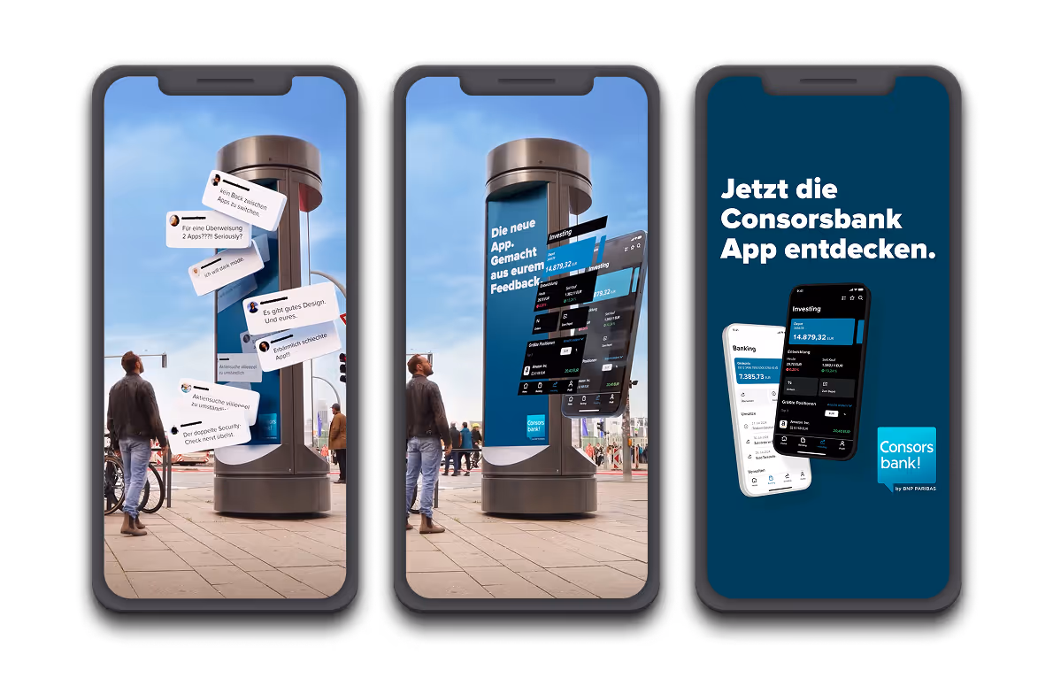 Three smartphone screens showing ads for the Consorsbank app, including one with floating customer feedback and one promoting the new app.