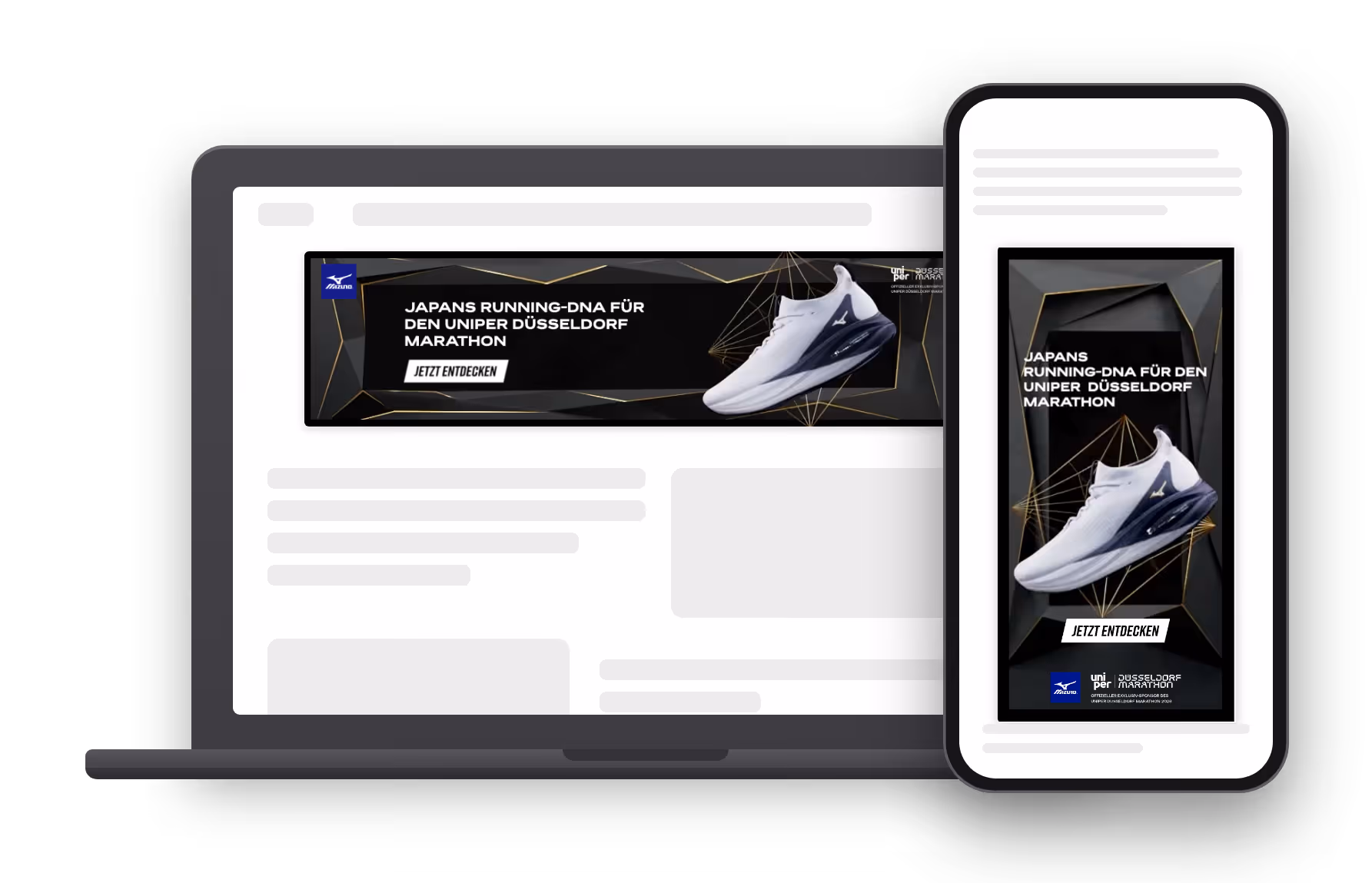 Advertising for Mizuno running shoes on laptop and smartphone