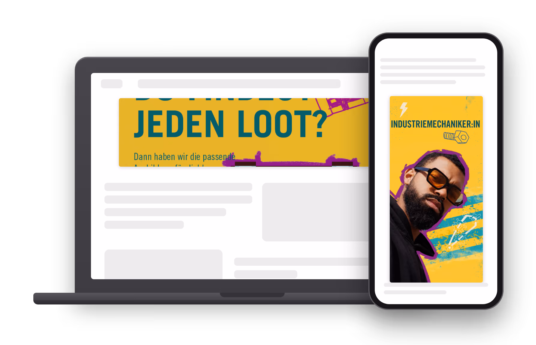 A laptop and smartphone displaying promotional materials for the VGF apprenticeship campaign: a display banner with the headline "Every loot?" and a story ad for the industrial mechanic apprenticeship.