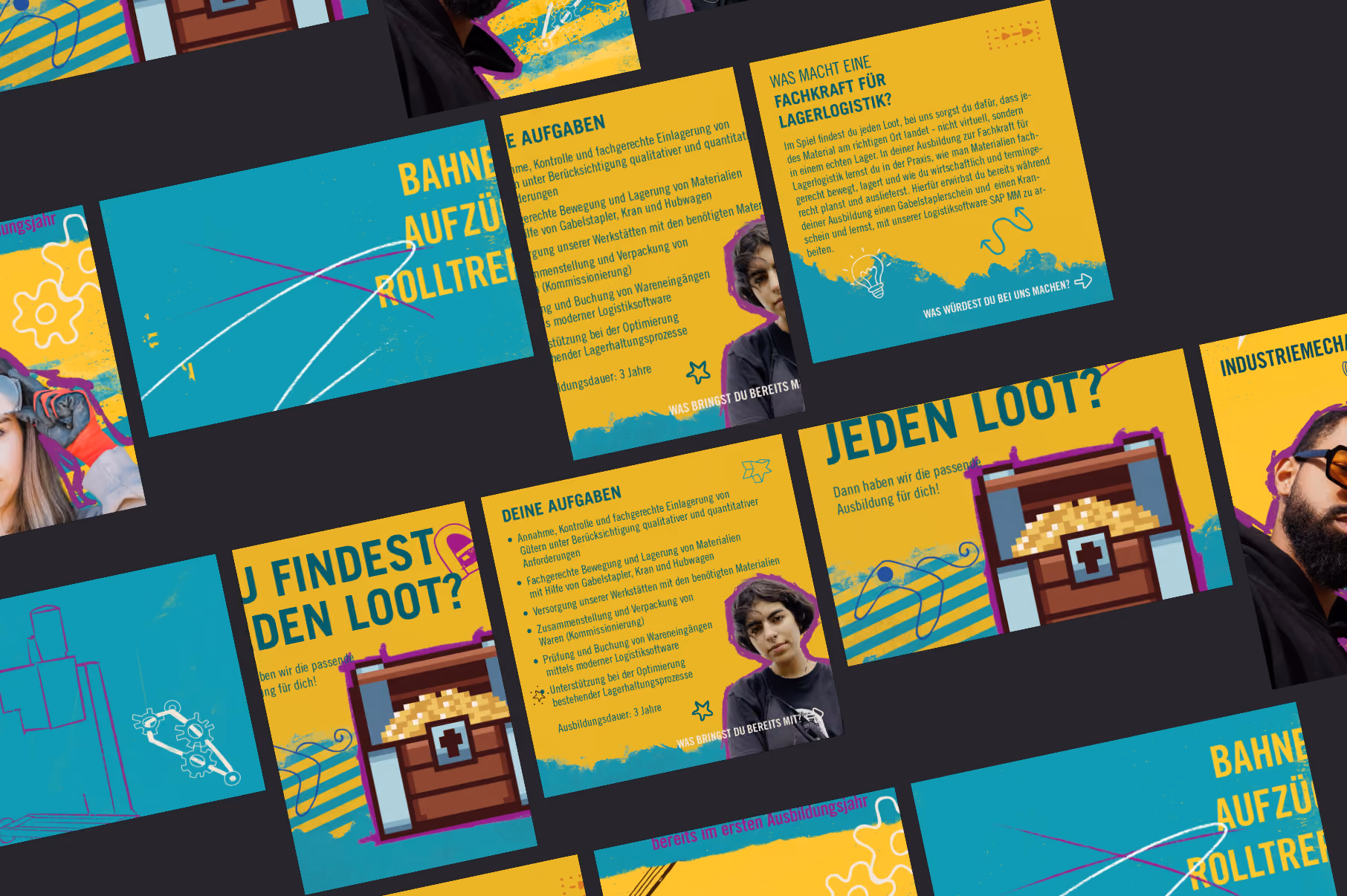 Collage of various VGF apprentice campaign promotional materials in yellow and turquoise, featuring motifs of apprentices, text ads, and a treasure chest with a gaming aesthetic.