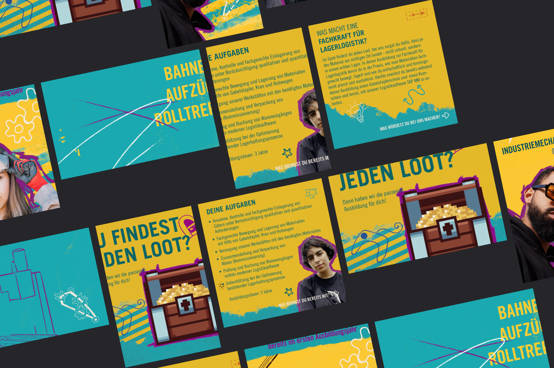 Collage of various VGF apprentice campaign promotional materials in yellow and turquoise, featuring motifs of apprentices, text ads, and a treasure chest with a gaming aesthetic.