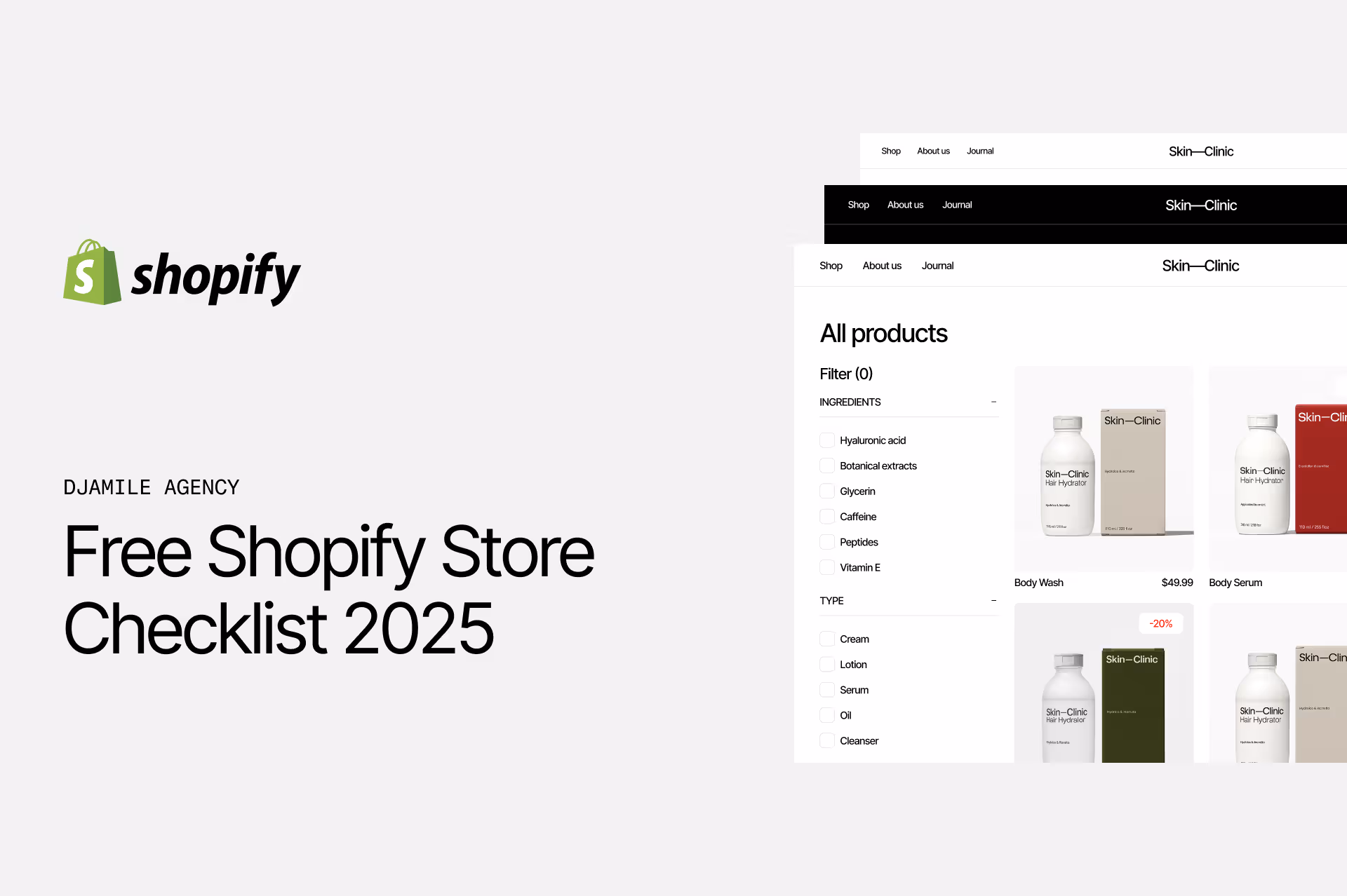 Free Shopify store checklist 2025 cover image by Djamile Agency featuring minimalist product grid design.