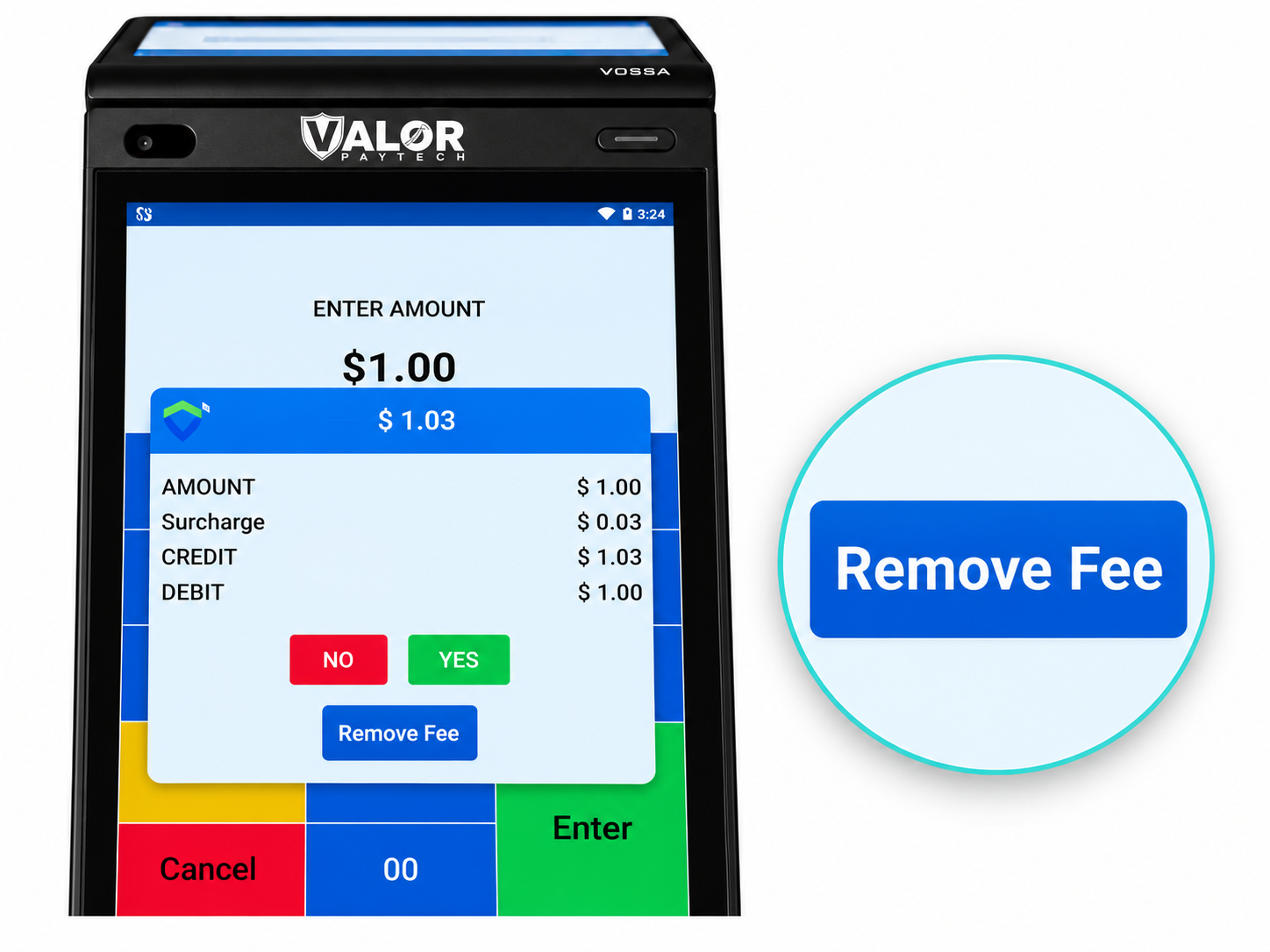 Valor terminal without a card, with a teal zoom bubble highlighting the Remove Fee button
