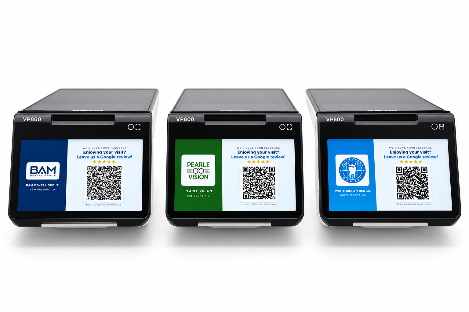 Three Valor VP800 terminals displaying branded SmartReview screen examples for BAM Dental Group, Pearle Vision, and White Crown Dental