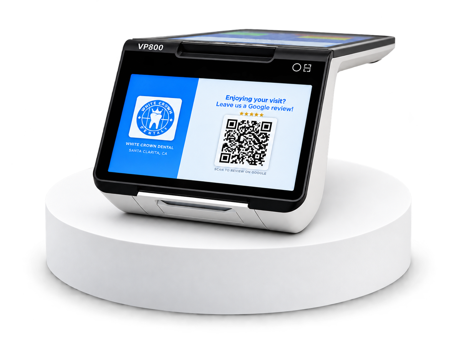Valor VP800 terminal showing a practice’s Google review invitation and QR code