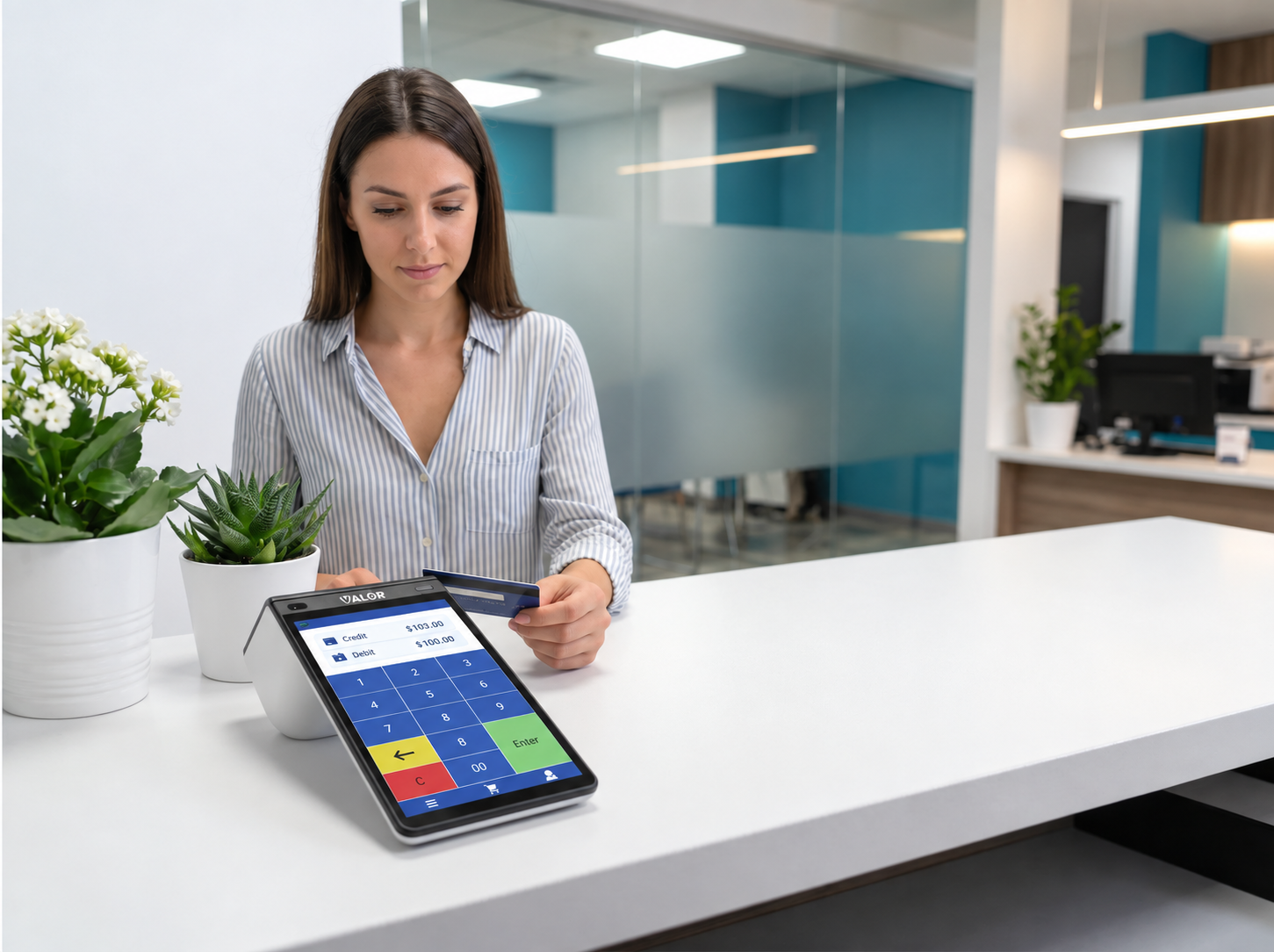 Patient reviewing payment choices at a dental office