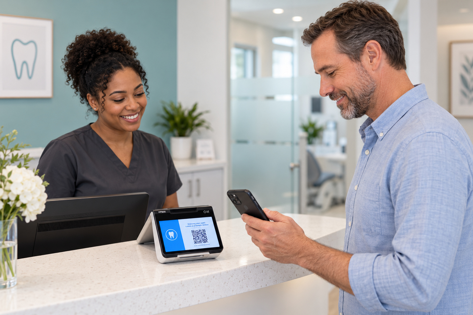 A welcoming conversation between a patient and a dental front-office team member