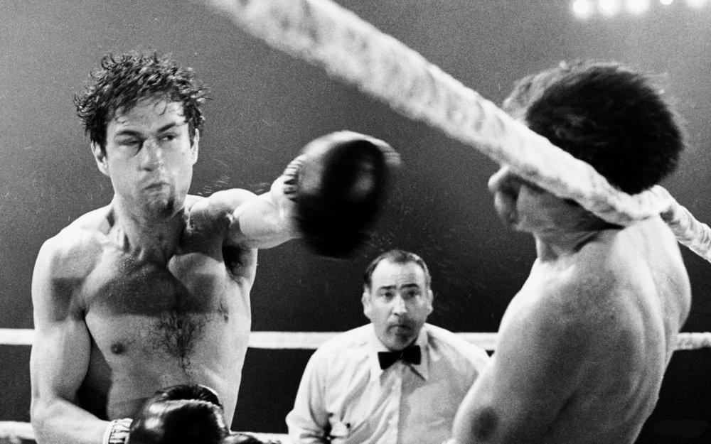 Robert De Niro as Jake LaMotta in the boxing ring in Raging Bull