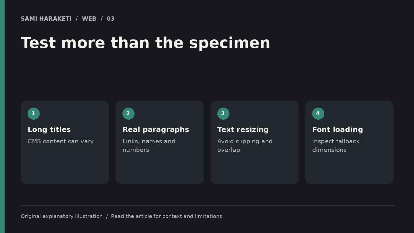 Test more than the specimen. Long titles: CMS content can vary. Real paragraphs: Links, names and numbers. Text resizing: Avoid clipping and overlap. Font loading: Inspect fallback dimensions