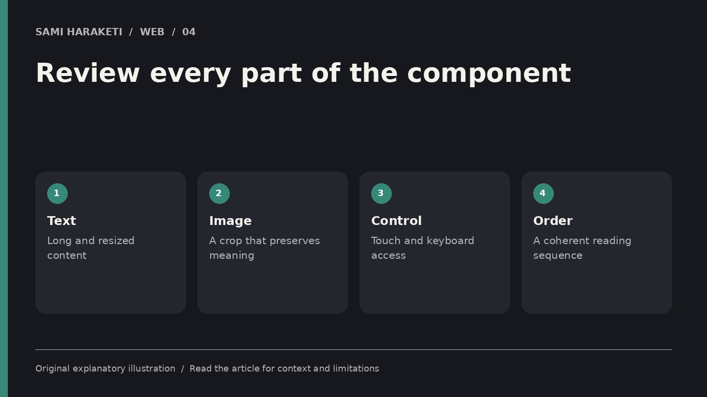 Review every part of the component. Text: Long and resized content. Image: A crop that preserves meaning. Control: Touch and keyboard access. Order: A coherent reading sequence