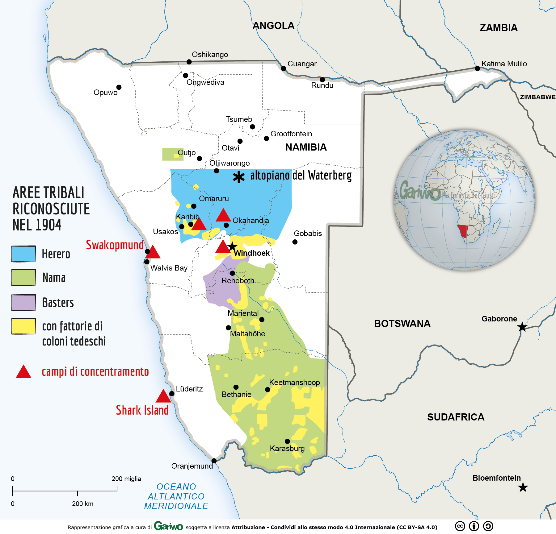 Map showing Herero and Nama territories and locations associated with colonial camps, via Gariwo
