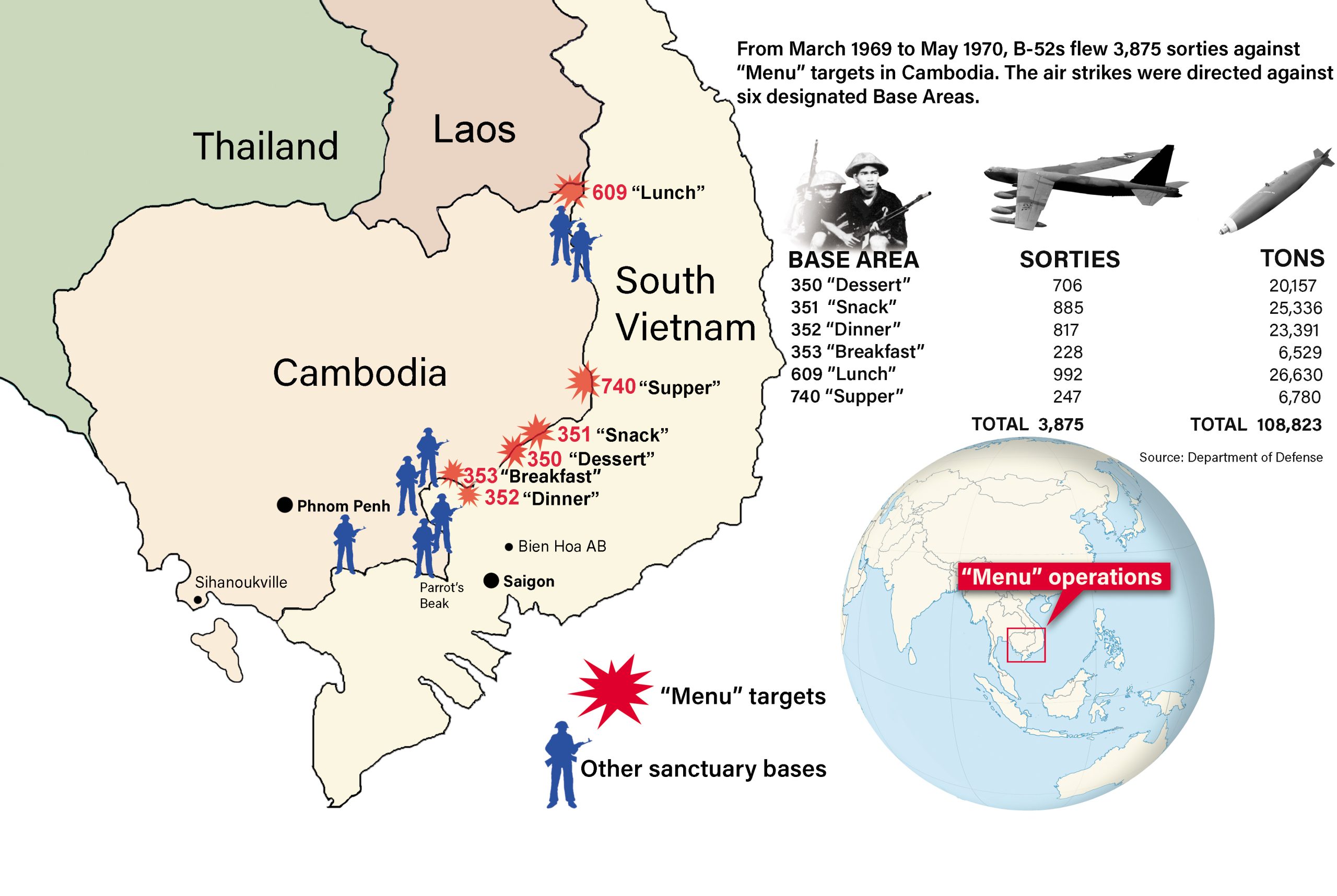 Map of six target areas in the secret U.S. Operation Menu bombing campaign in Cambodia, via Air & Space Forces Magazine