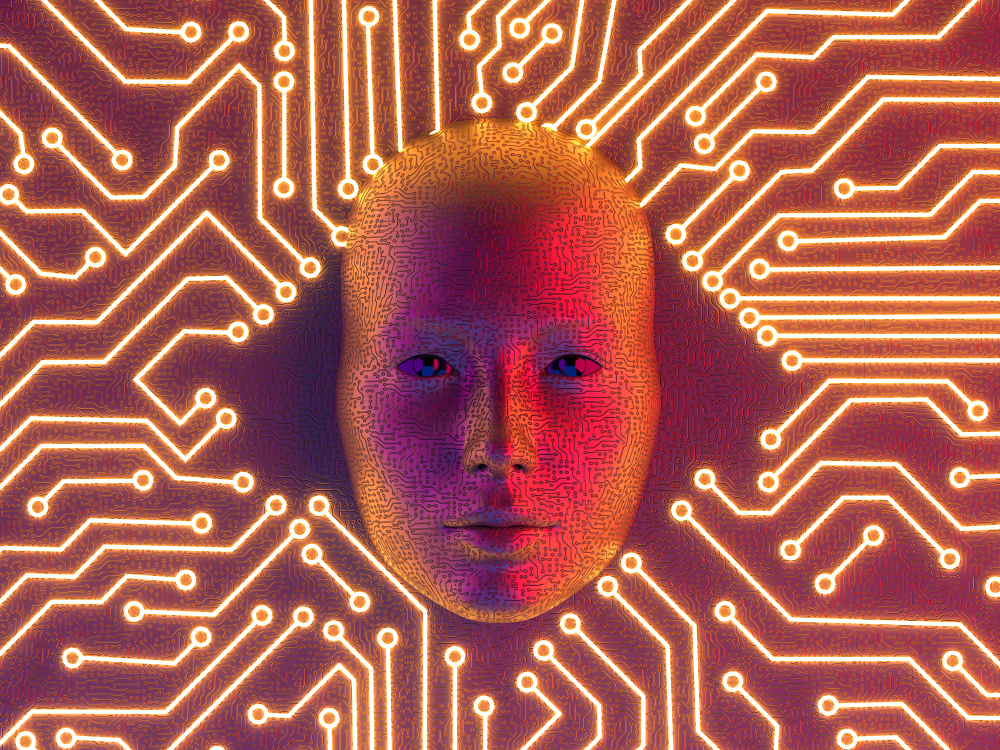 Digital human face surrounded by circuit patterns