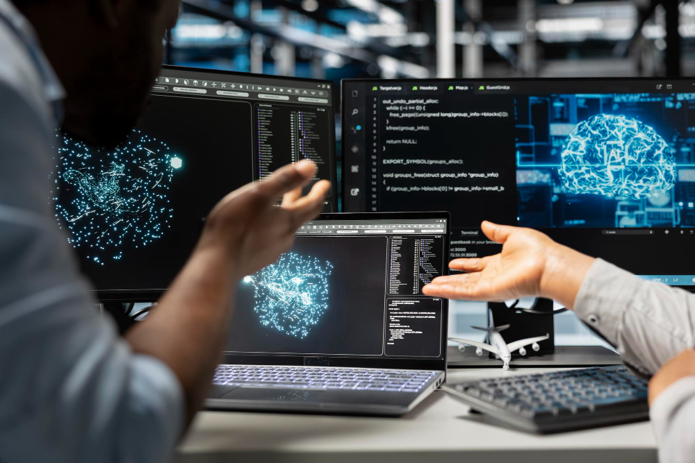 People reviewing AI software on laptop screens