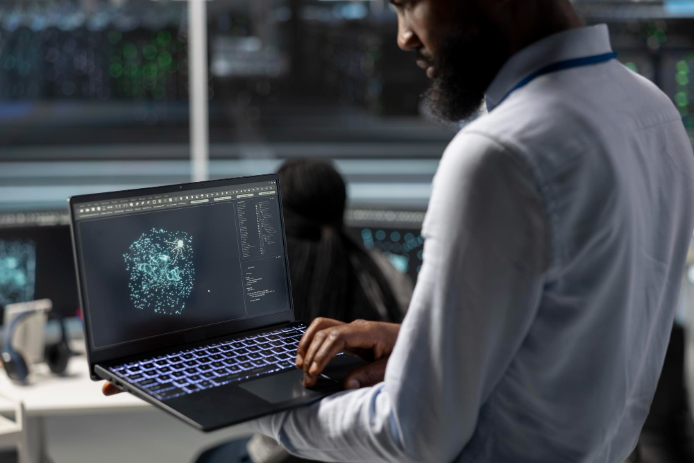 A person working with an AI interface on a laptop