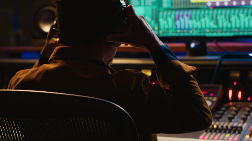 Audio engineer working at a mixing console