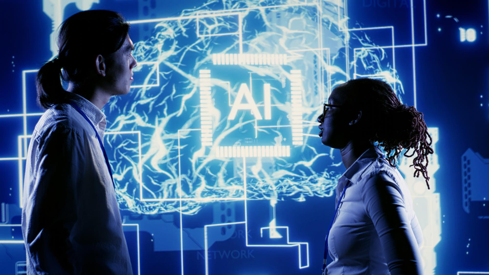 People standing beside a luminous AI display