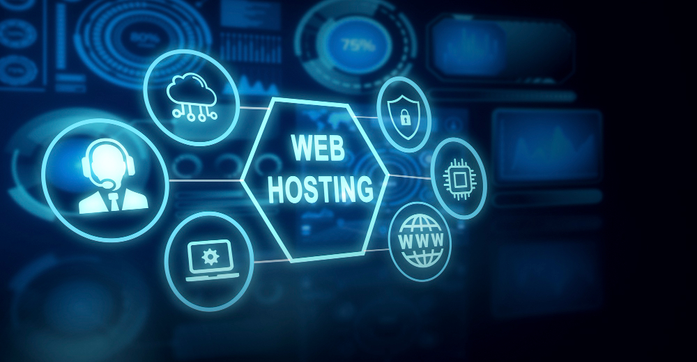Web hosting icons surrounding a globe