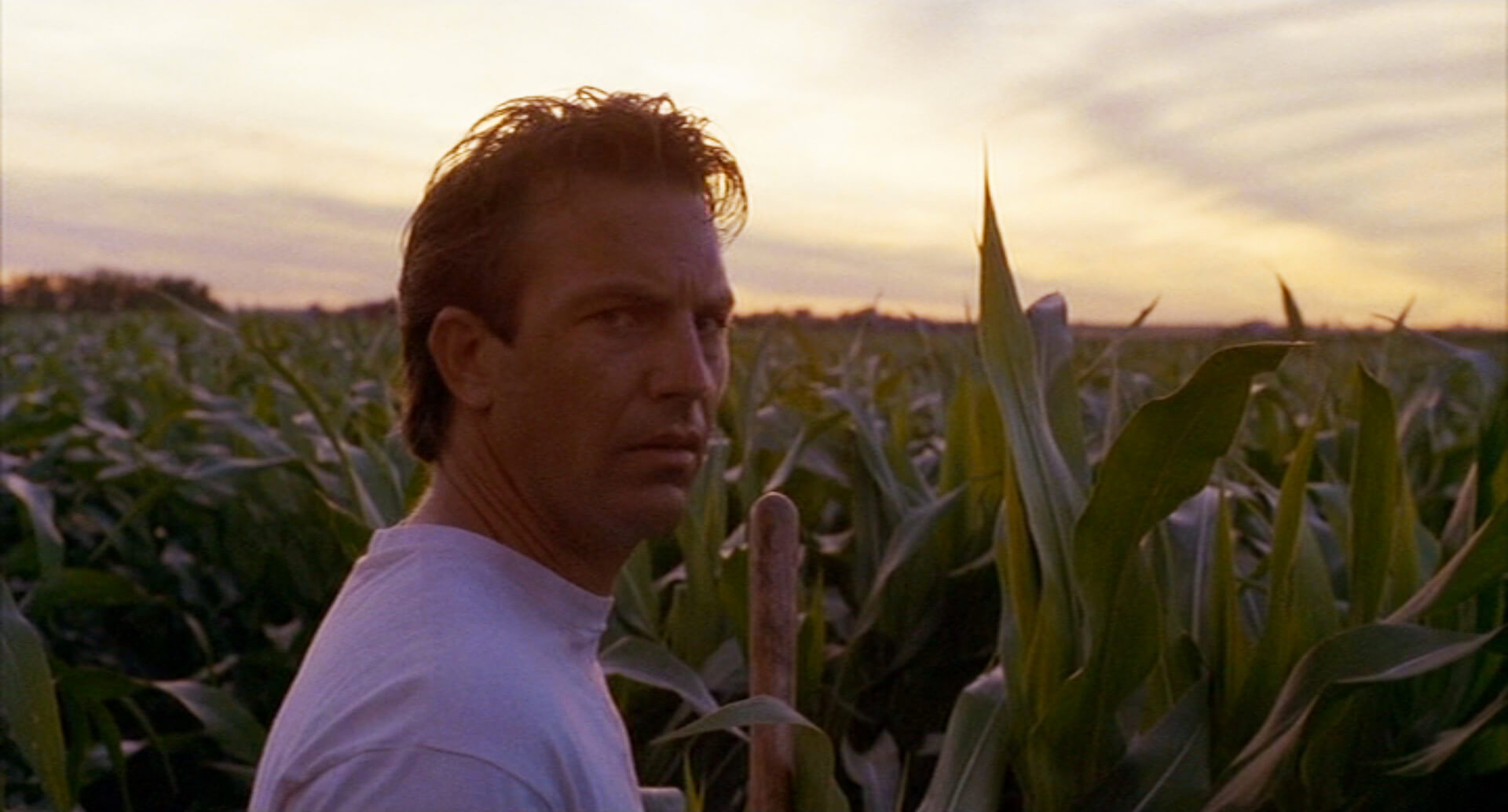 Kevin Costner beside a cornfield in Field of Dreams