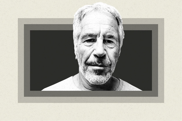 Framed black and white portrait of Jeffrey Epstein