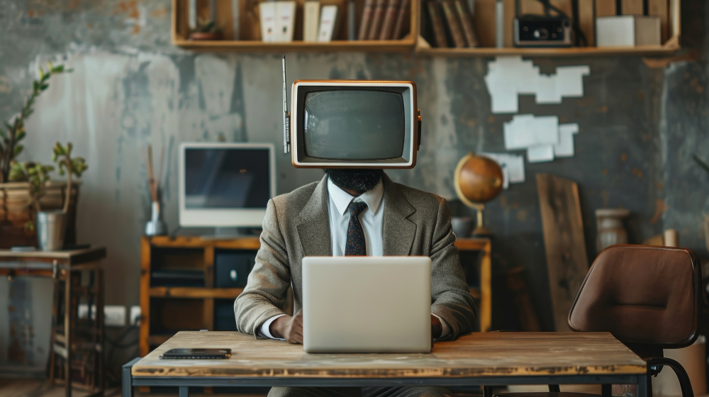 Illustration of a person using a laptop among vintage computers