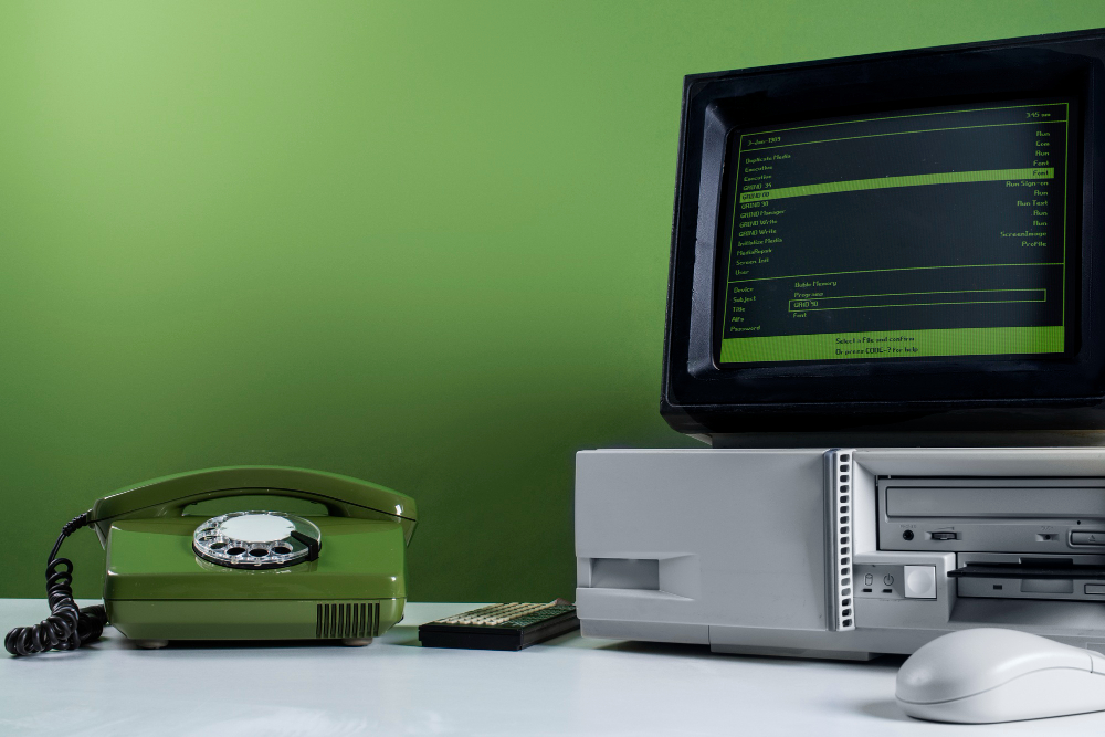Vintage desktop computer beside a rotary telephone