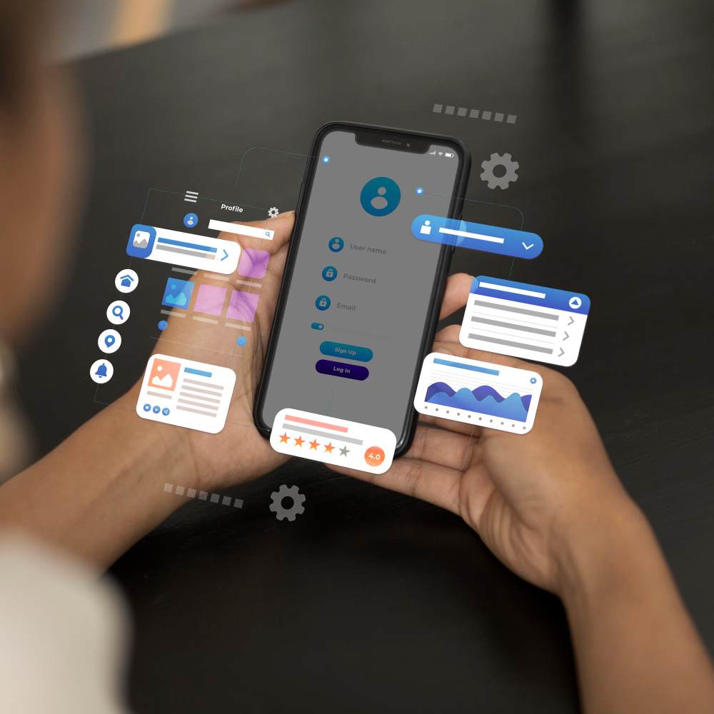 Mobile app interface concepts beside a smartphone