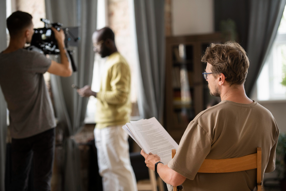 Crew filming an interview indoors