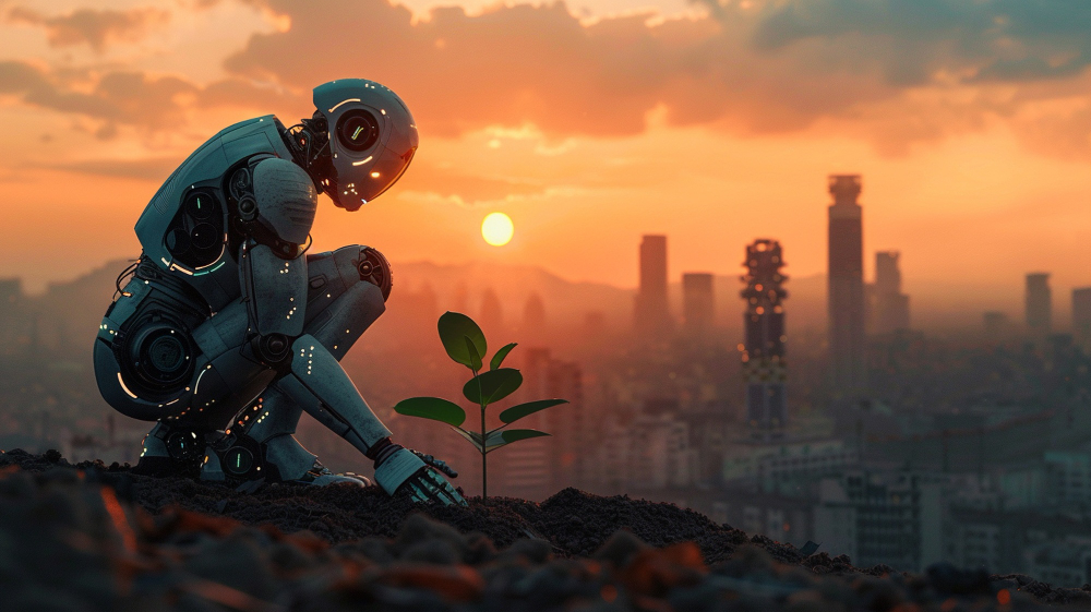 Illustration of a robot planting a seed