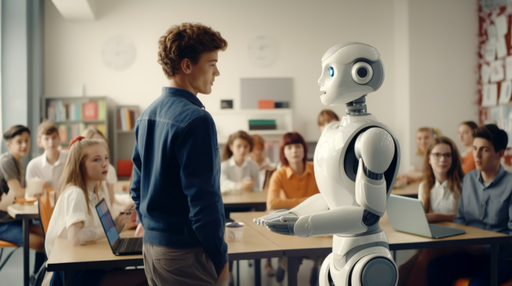 Illustration of a student facing a robot in a classroom