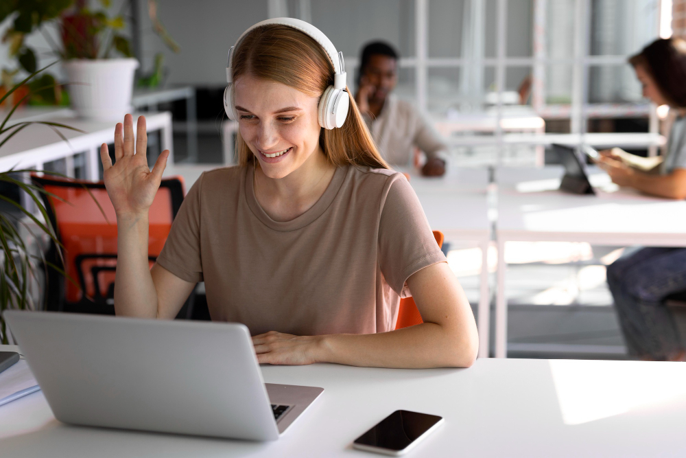 Student wearing headphones during an online lesson