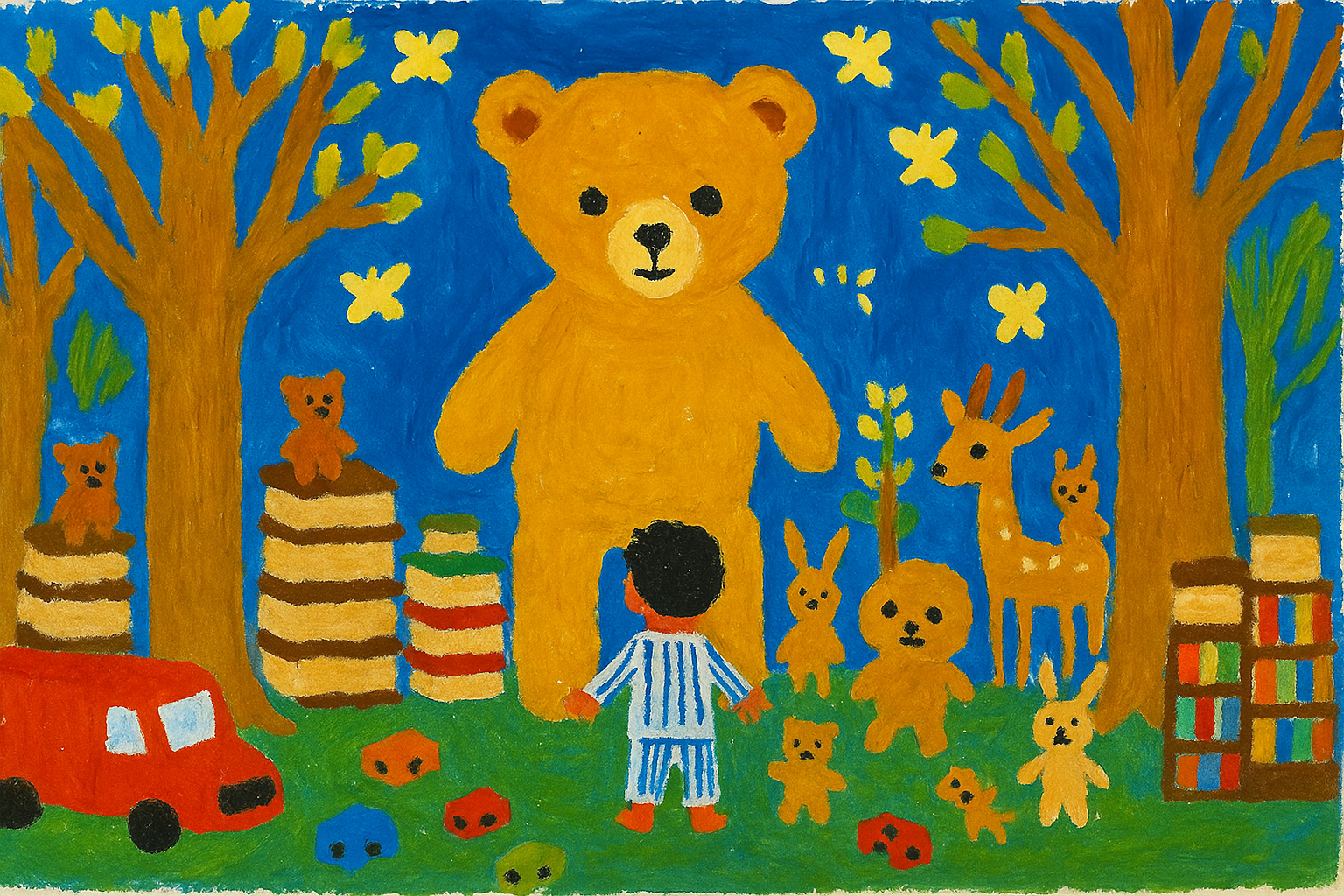 Colourful painting of a teddy bear and toys