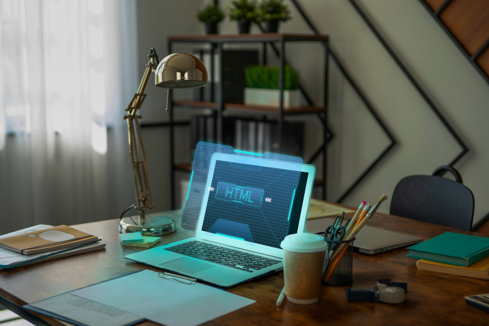 Laptop on a desk in a home office