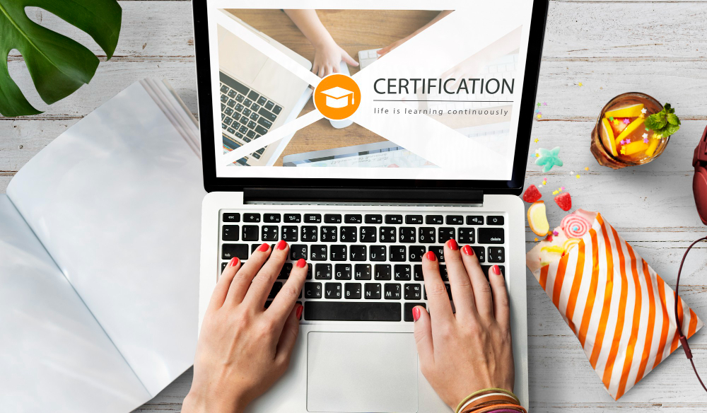 Online certification webpage on a laptop
