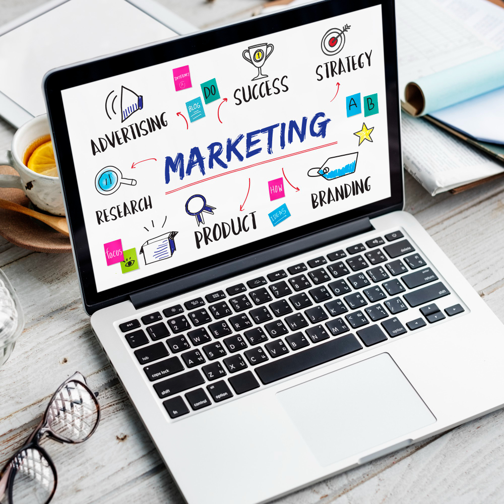 Laptop displaying a marketing diagram