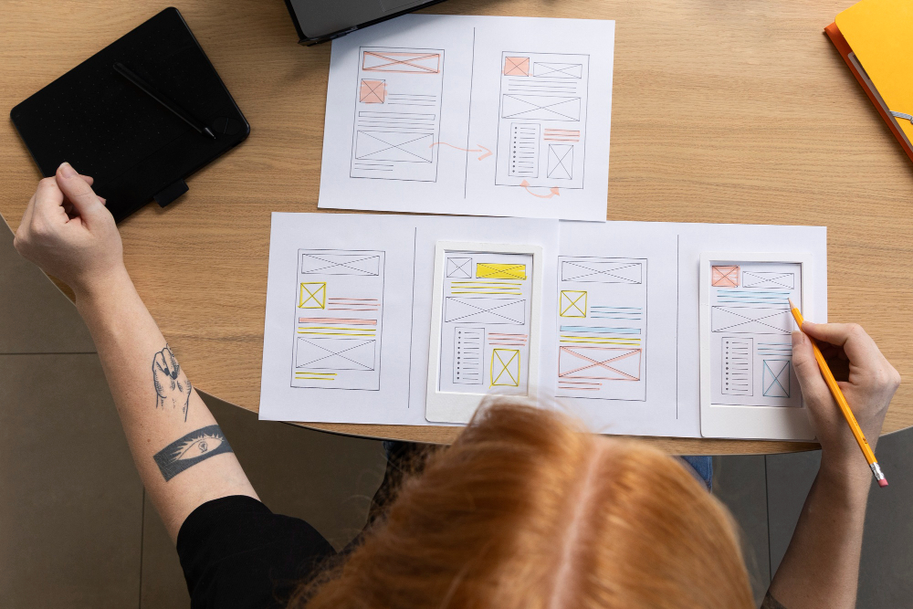Person holding a printed website wireframe