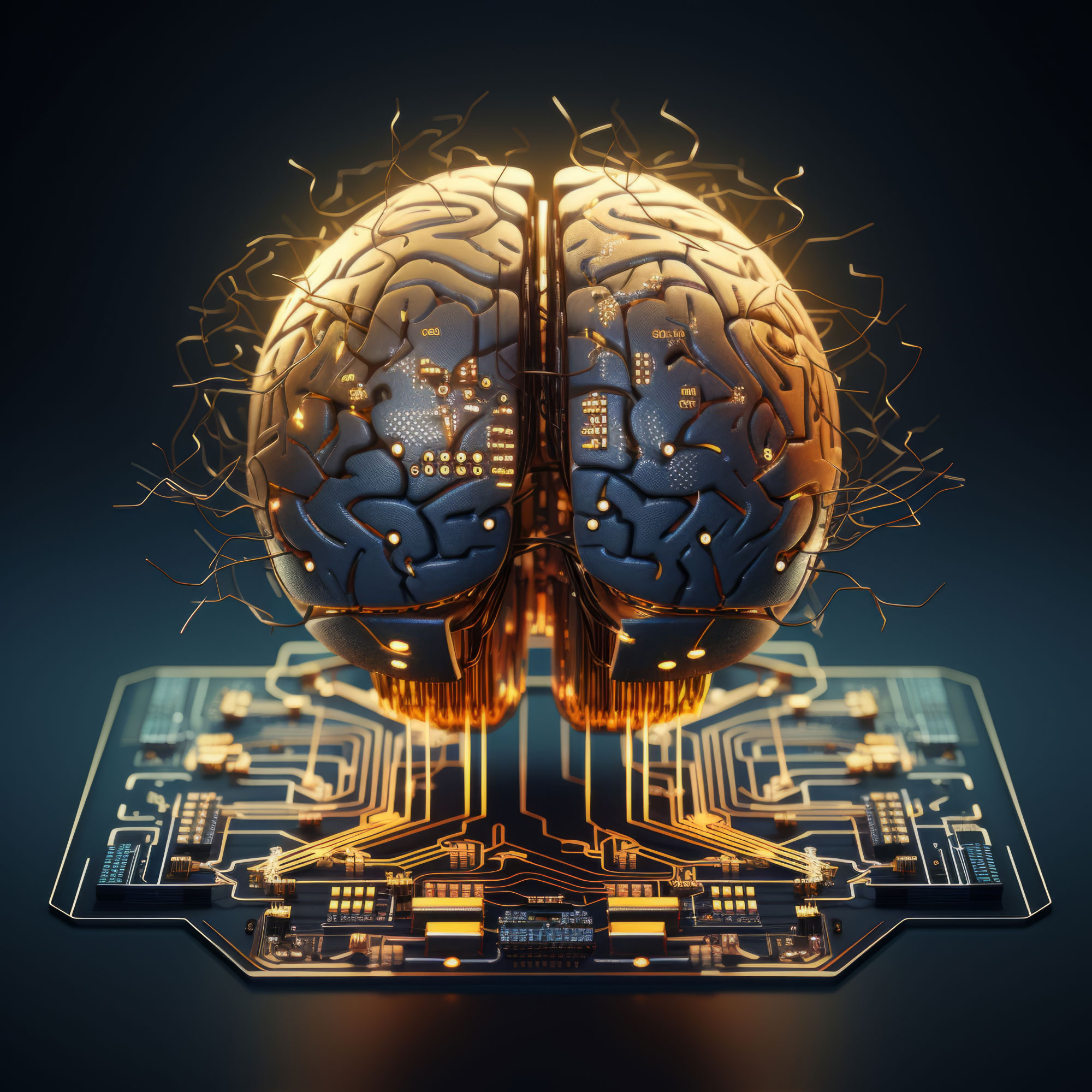 Illustration of a brain above electronic circuitry