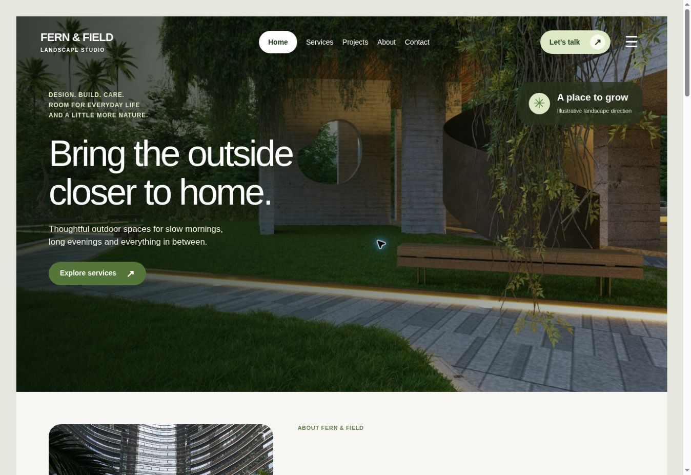 FERN & FIELD landscape website homepage preview