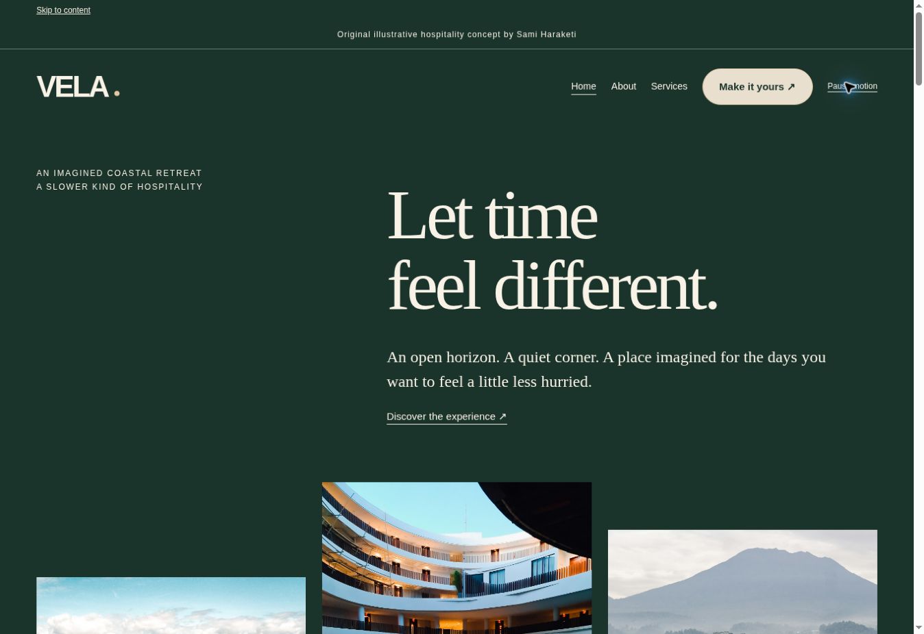 VELA hospitality website preview with forest green background and elegant serif typography
