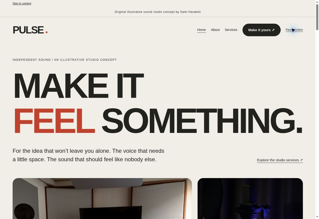 PULSE sound studio website preview with oversized charcoal and coral typography