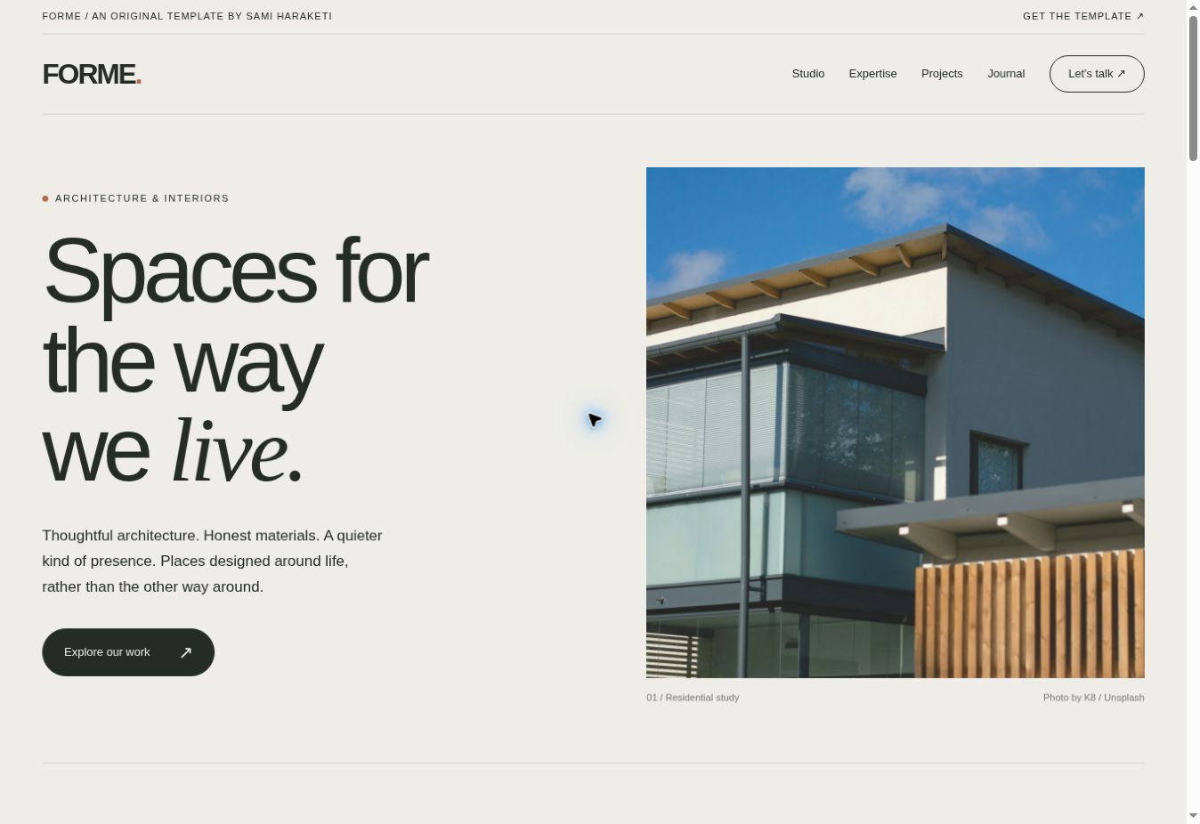 Homepage preview of FORME, an original architecture and interior design website template