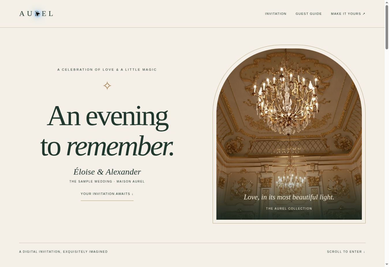 AUREL wedding website screenshot with an ivory invitation and gilded palace photograph