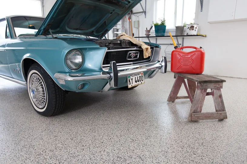 Classic car on garage epoxy flooring in Sarasota, FL