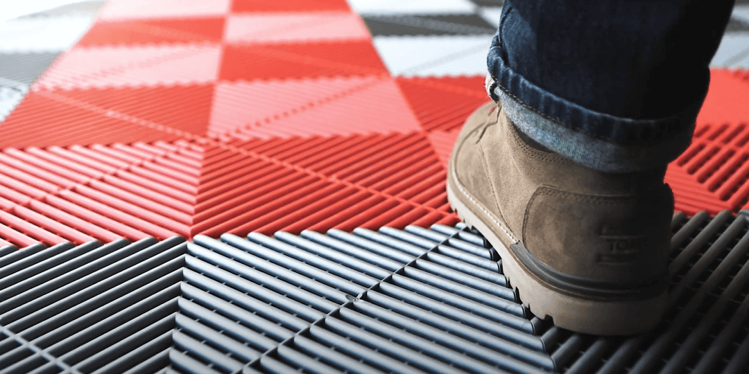 Red, grey, black garage tile flooring.