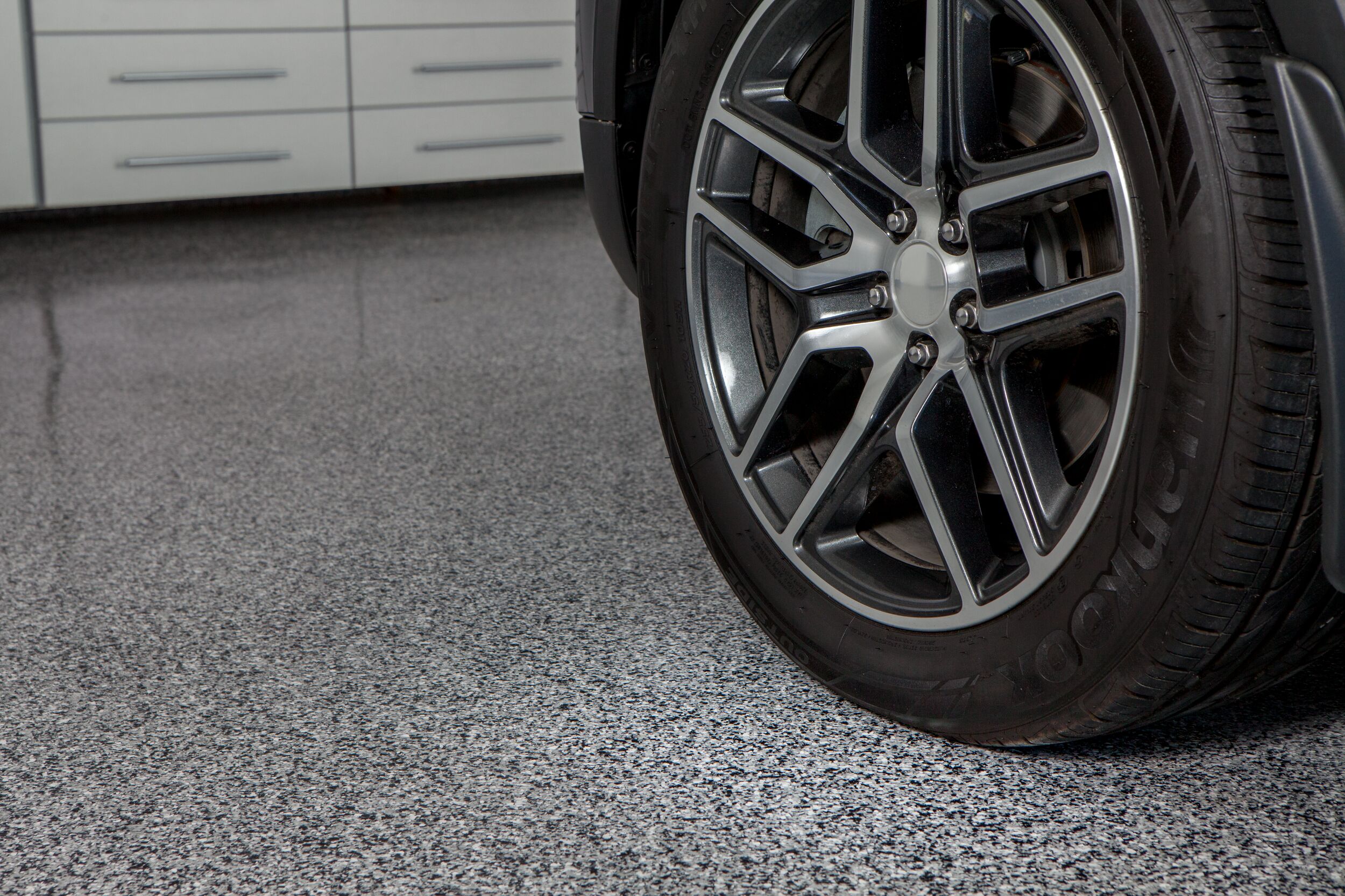 Close up of garage epoxy flooring. 