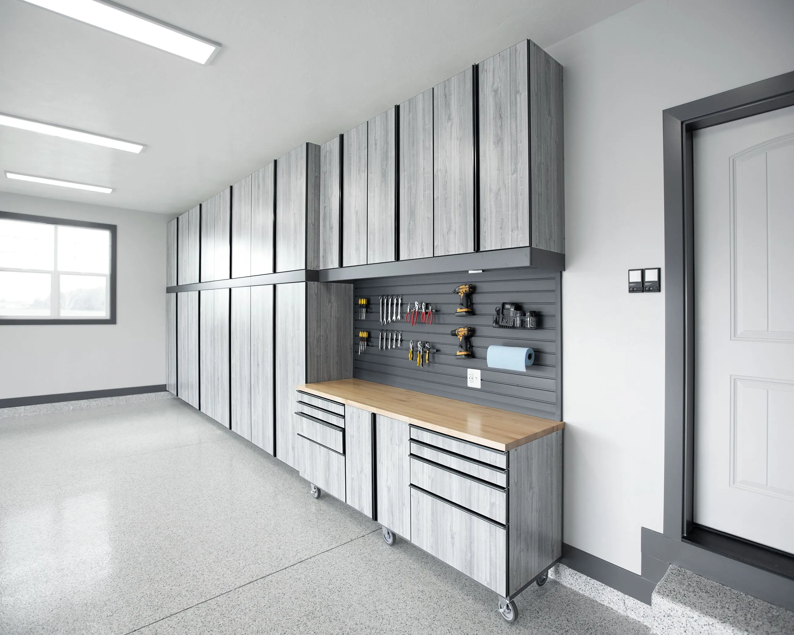 Garage overhead storage with cabinets, 3d render. 