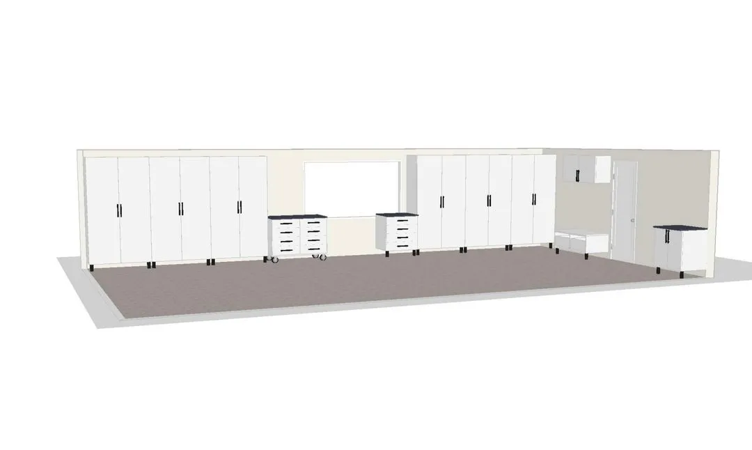 3D drawings of a large garage with white cabinets. 