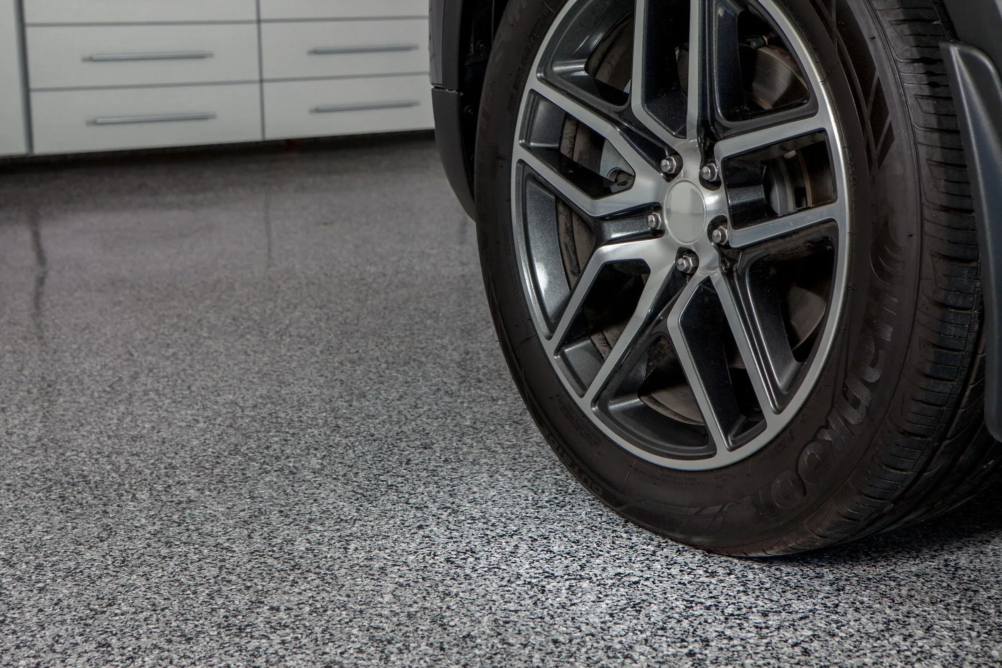 Close up of garage epoxy flooring. 