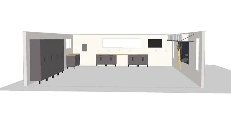 3D drawing of a garage with cabinets and flooring. 